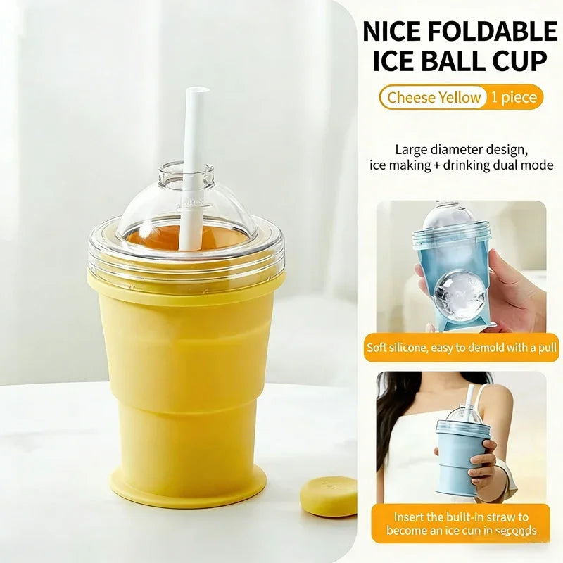 2-in-1 Portable Silicone Ice Ball Maker Cup Foldable Leak-Proof Travel Mug Kitchen Tools for Juice & Cocktails Summer Essential
