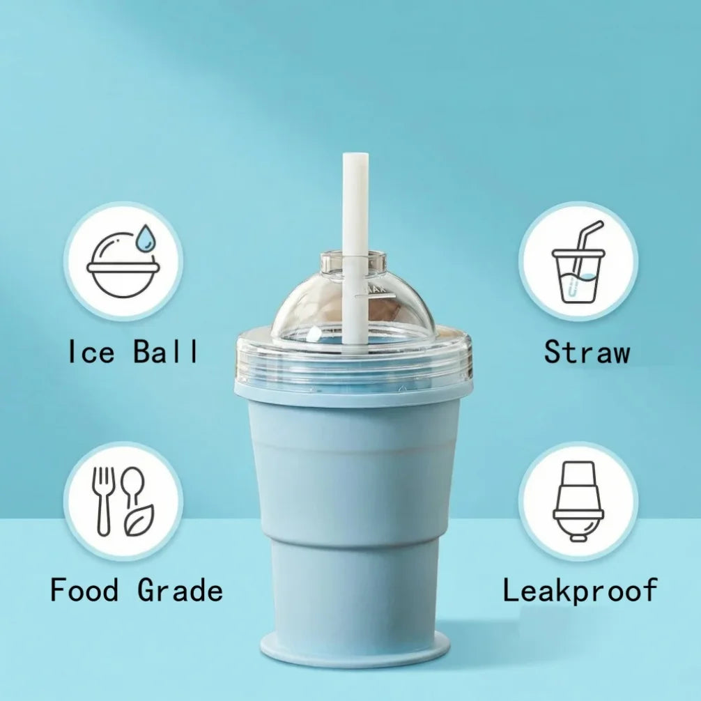 2PCS Silicone Folding Straw Cup With Ice Cube Maker Summer Collapsible Travel Cup Silicone Bottle Built-in Ice Ball Mold  2in1