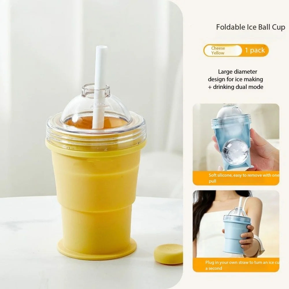 Portable silicone folding cup with straw, food-grade foldable travel cup, two-in-one ice ball cup, suitable for summer outdoor a