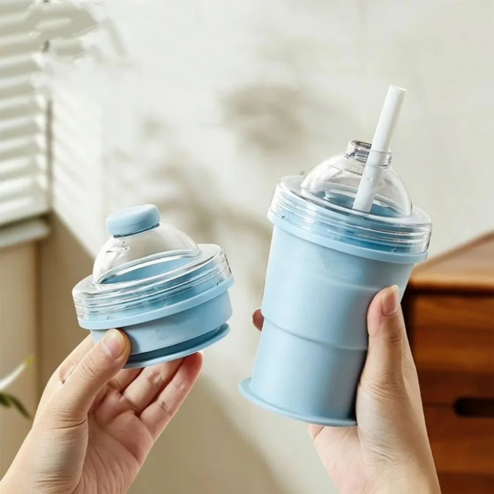 2PCS Silicone Folding Straw Cup With Ice Cube Maker Summer Collapsible Travel Cup Silicone Bottle Built-in Ice Ball Mold  2in1