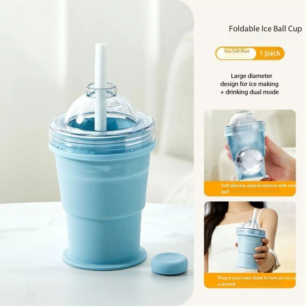Portable silicone folding cup with straw, food-grade foldable travel cup, two-in-one ice ball cup, suitable for summer outdoor a