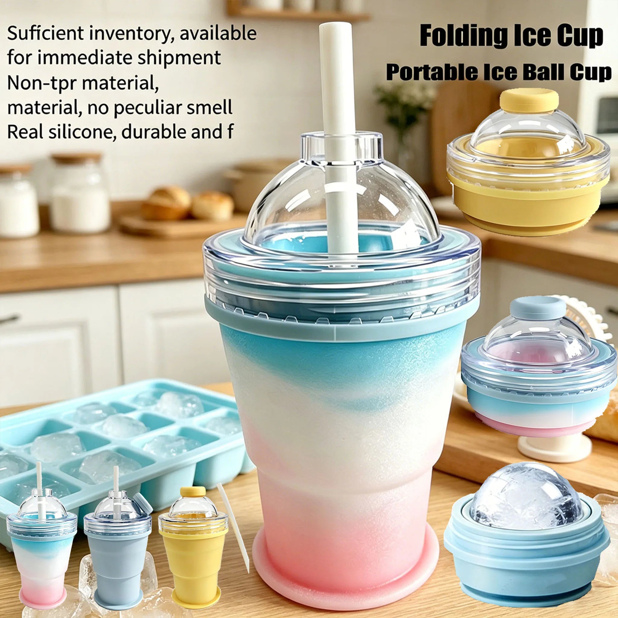 2-in-1 Portable Silicone Ice Ball Maker Cup Foldable Leak-Proof Travel Mug Kitchen Tools for Juice & Cocktails Summer Essential