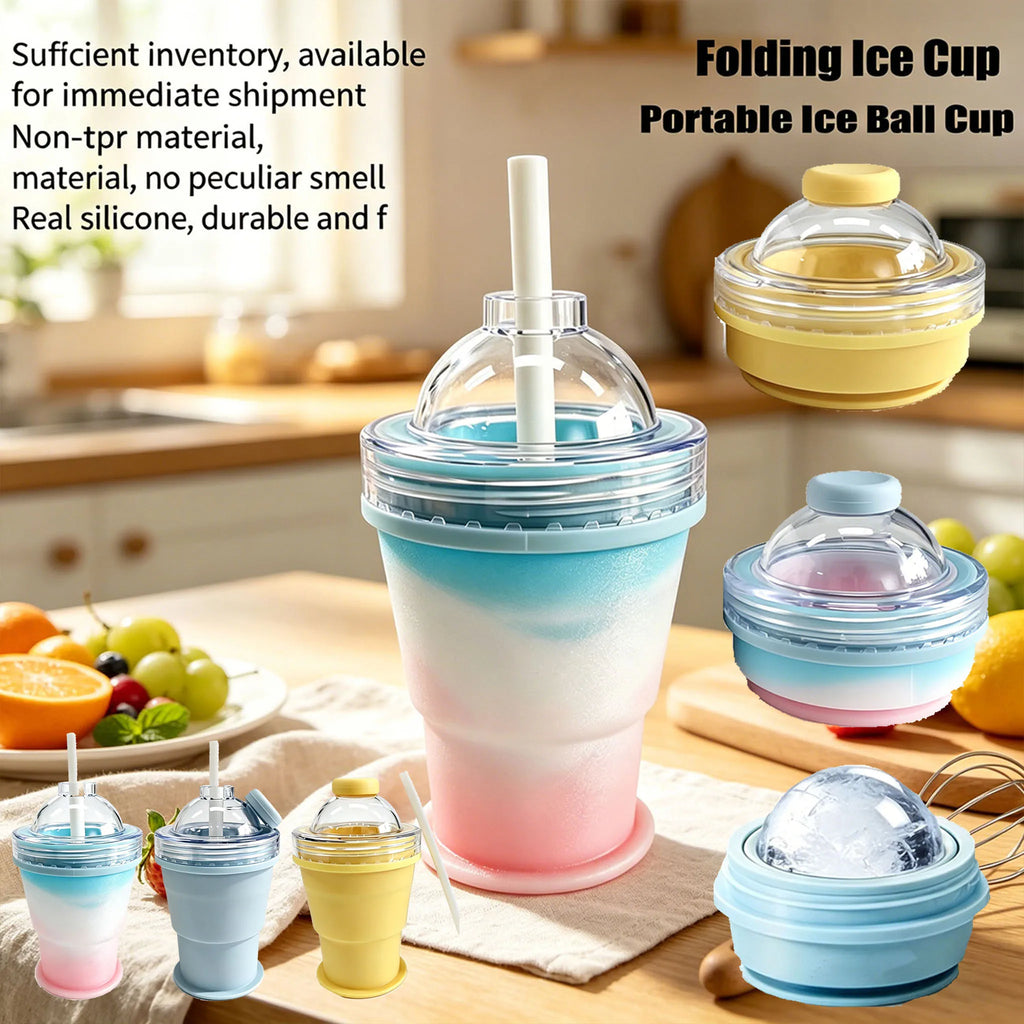 Portable silicone folding cup with straw, food-grade foldable travel cup, two-in-one ice ball cup, suitable for summer outdoor a