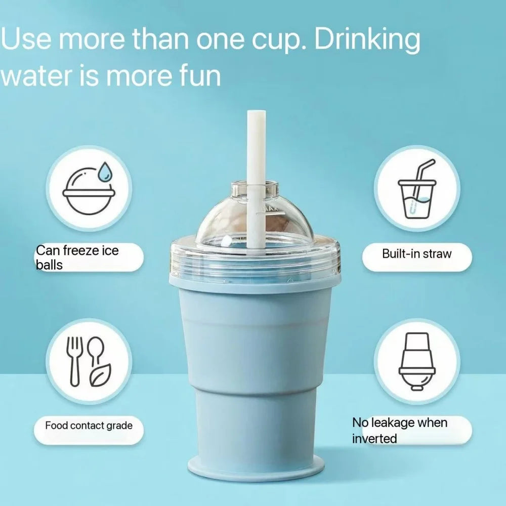 Portable silicone folding cup with straw, food-grade foldable travel cup, two-in-one ice ball cup, suitable for summer outdoor a