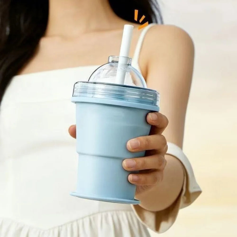 Portable silicone folding cup with straw, food-grade foldable travel cup, two-in-one ice ball cup, suitable for summer outdoor a